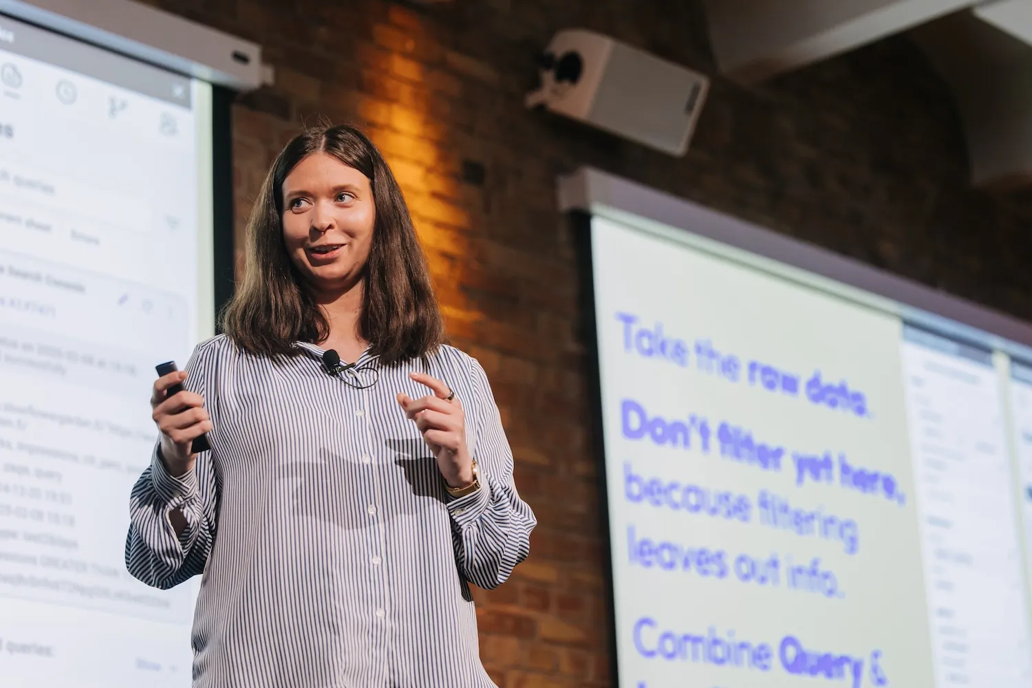 Katarina Dahlin presenting SEO data and Google Search Console tips at WTS Fest Berlin 2025